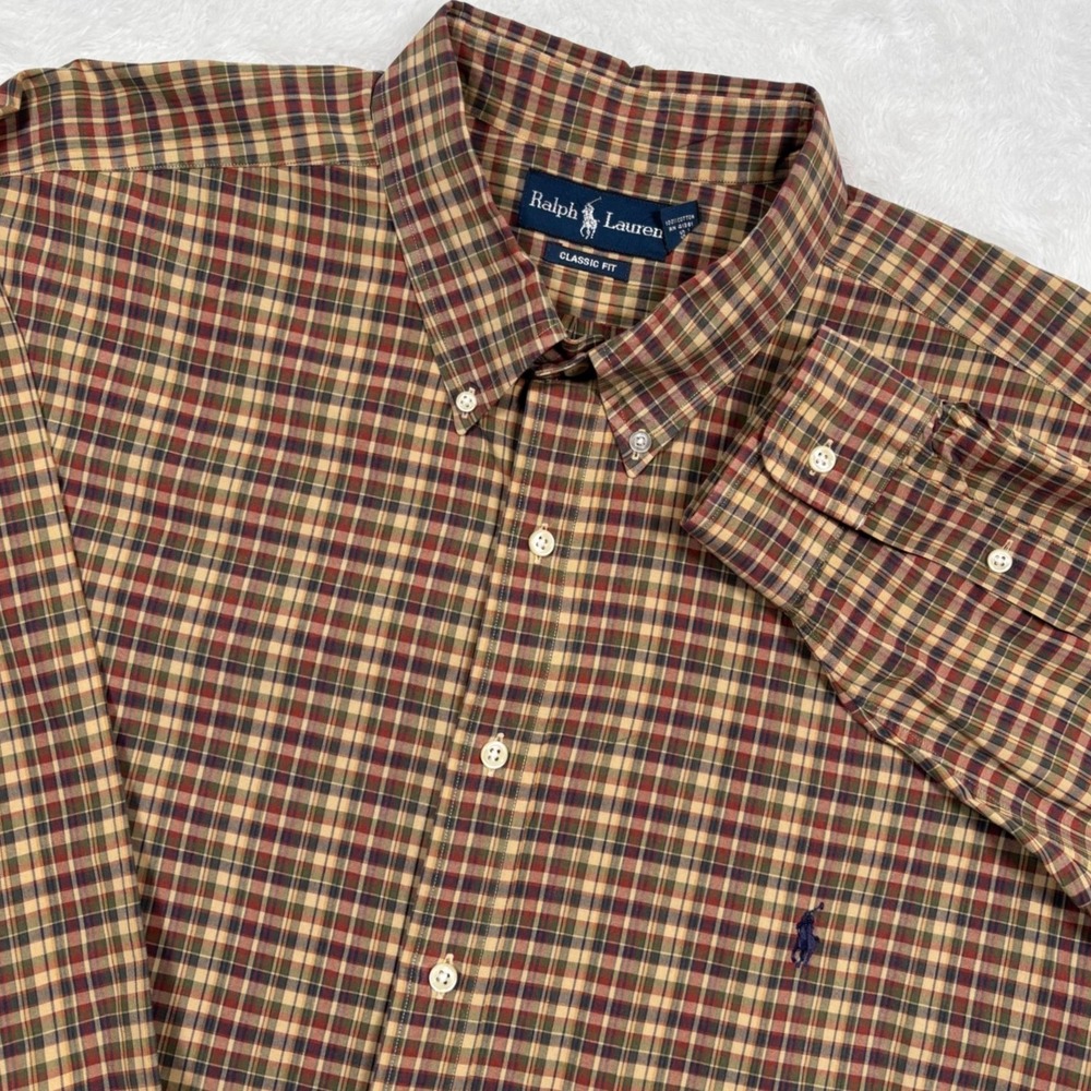 Ralph Lauren Button Shirt Mens 3XL TALL Tan Green Plaid Long Sleeve PONY Preppy - Picture 3 of 10